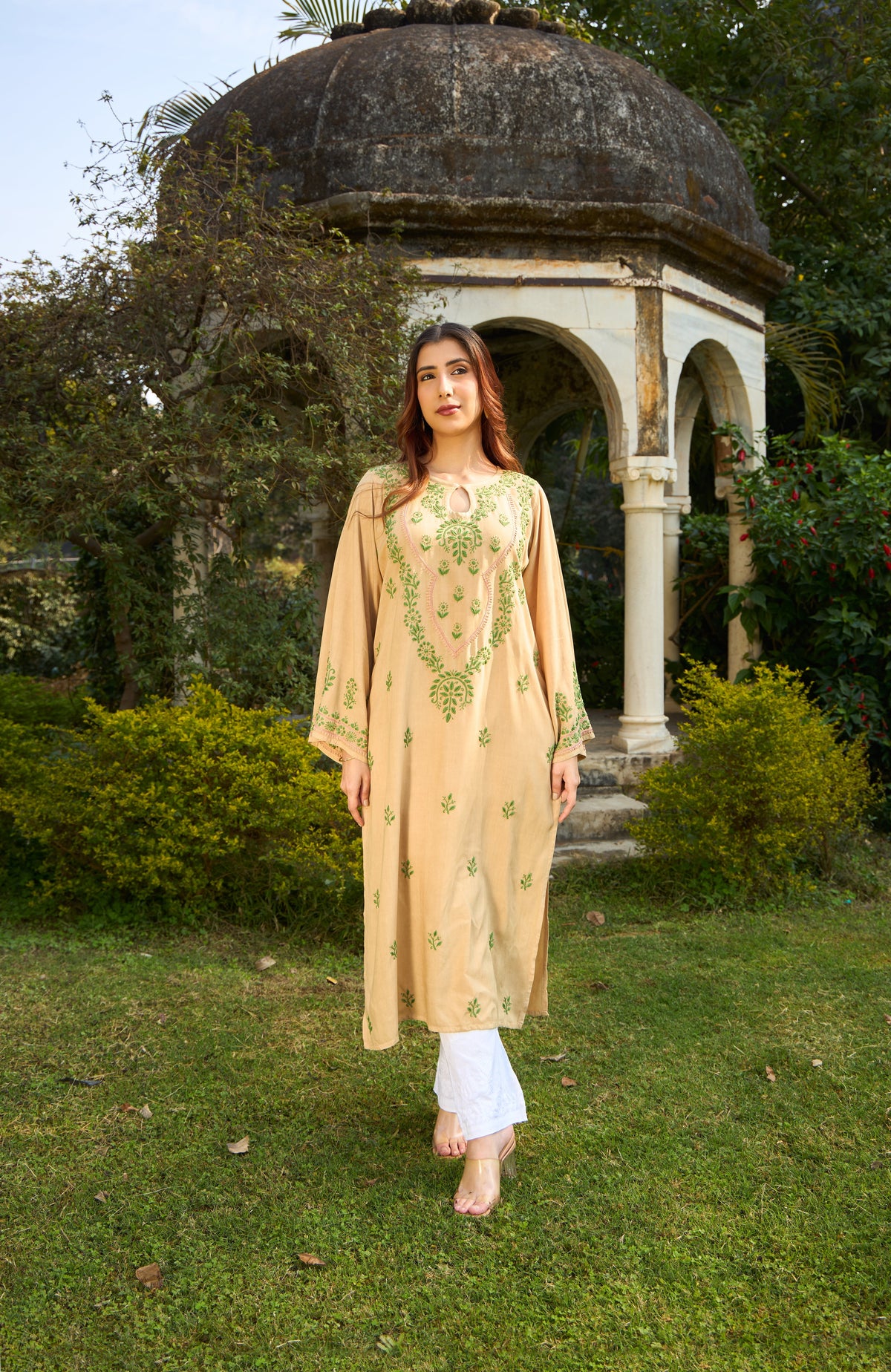 Nazm Rayon Beige & Olive Chikankari Kurta