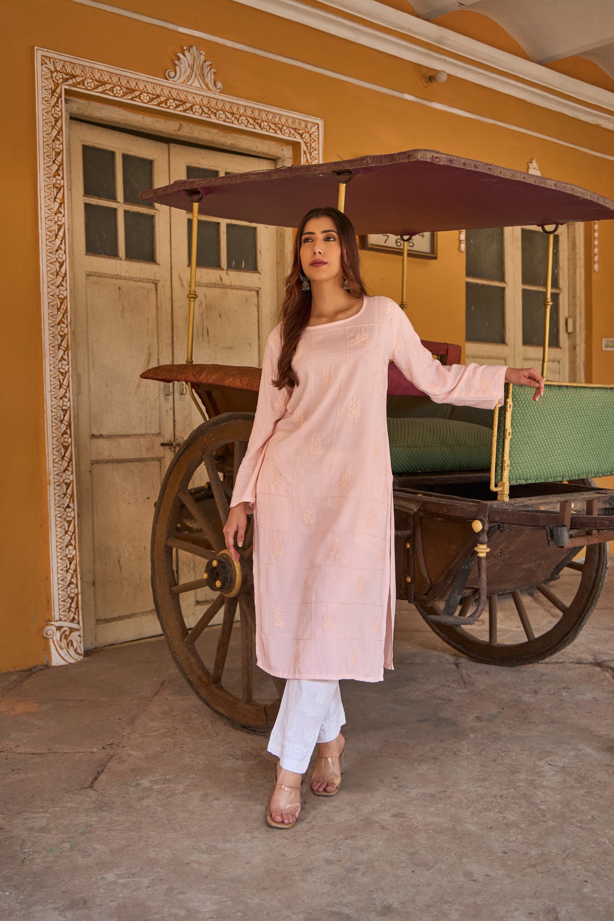 Nazm Rayon Champagne Pink Chikankari Kurta