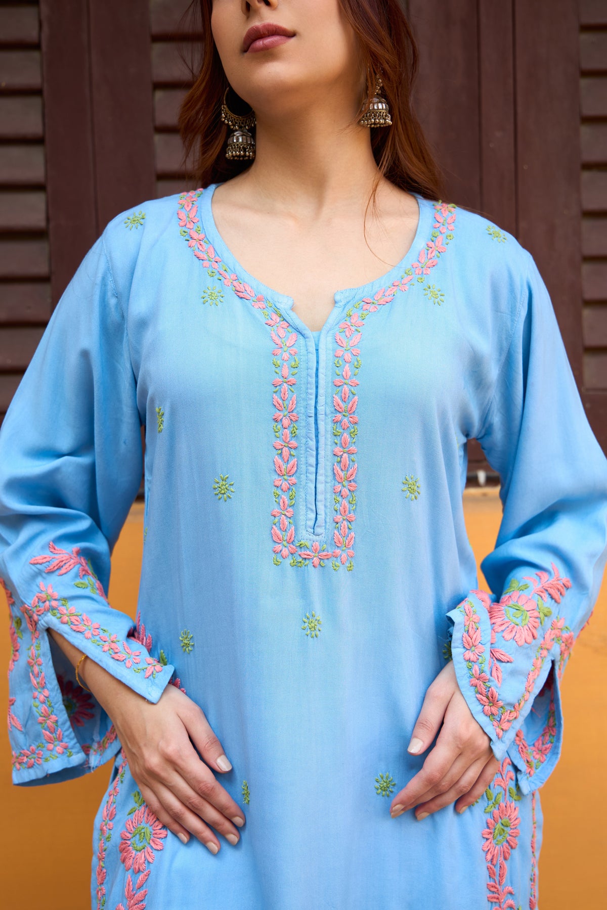 Nazm Rayon Powder Blue Blossom Chikankari Kurta