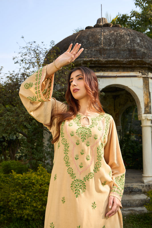 Nazm Rayon Beige & Olive Chikankari Kurta