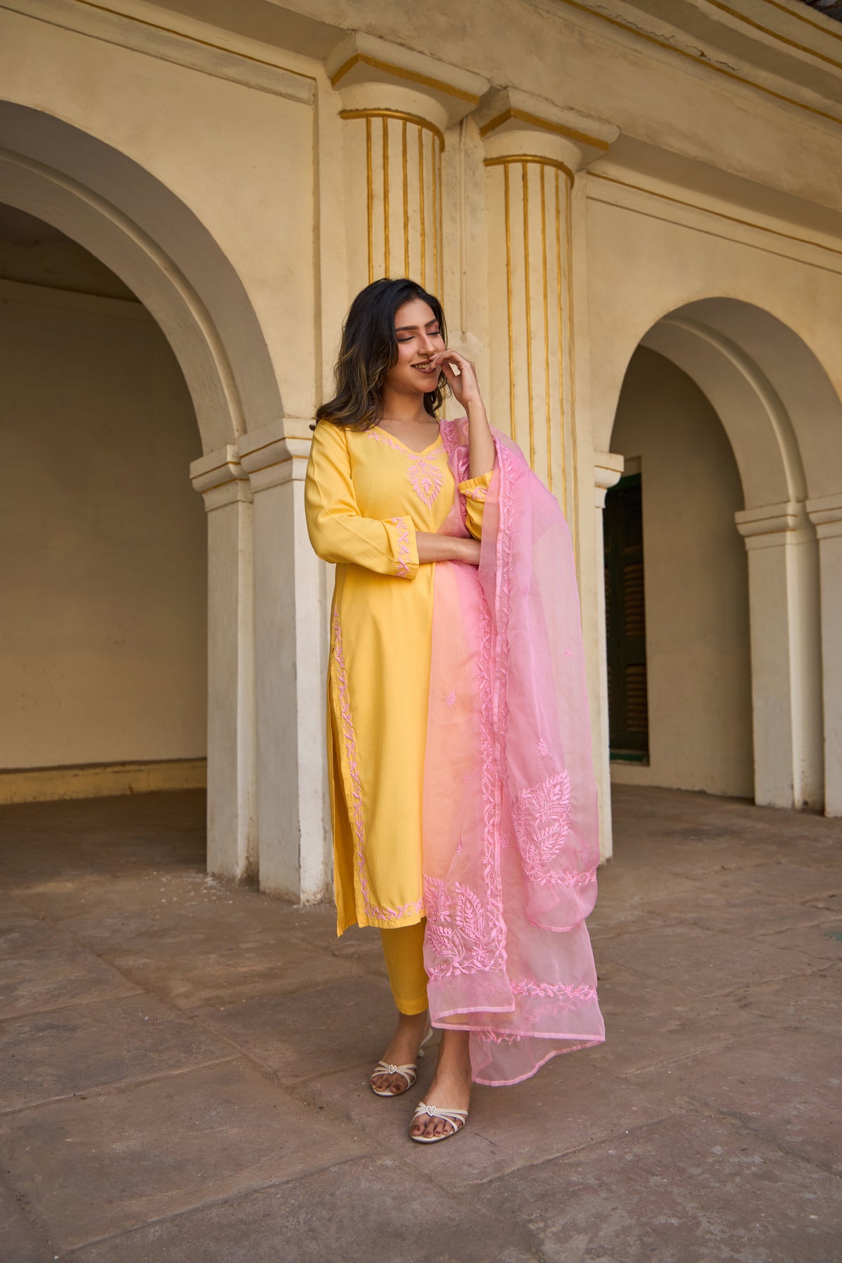 Nazm Rayon Yellow Chikankari Kurta Set with Organza Dupatta
