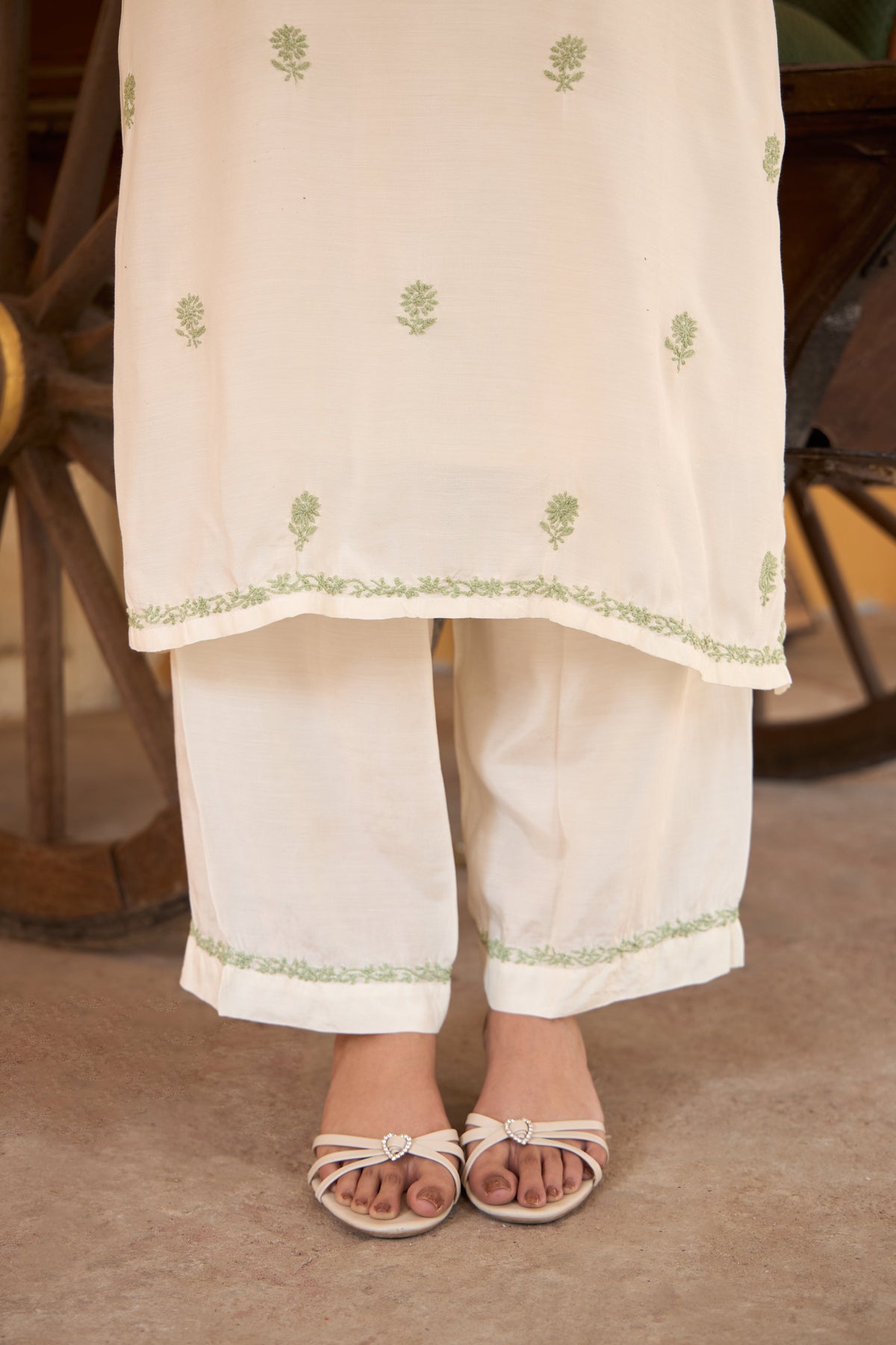 Nazm Muslin Ivory & Sage Green Chikankari Coord Set