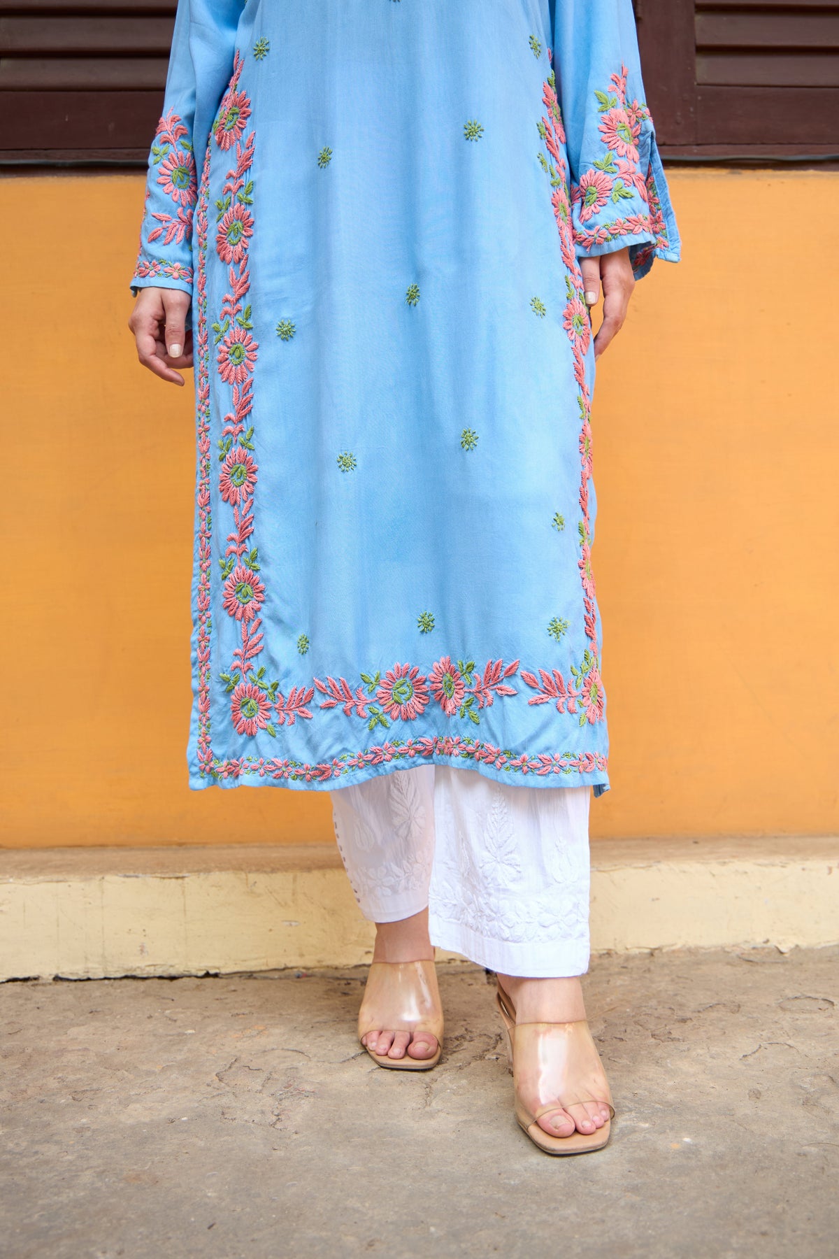 Nazm Rayon Powder Blue Blossom Chikankari Kurta