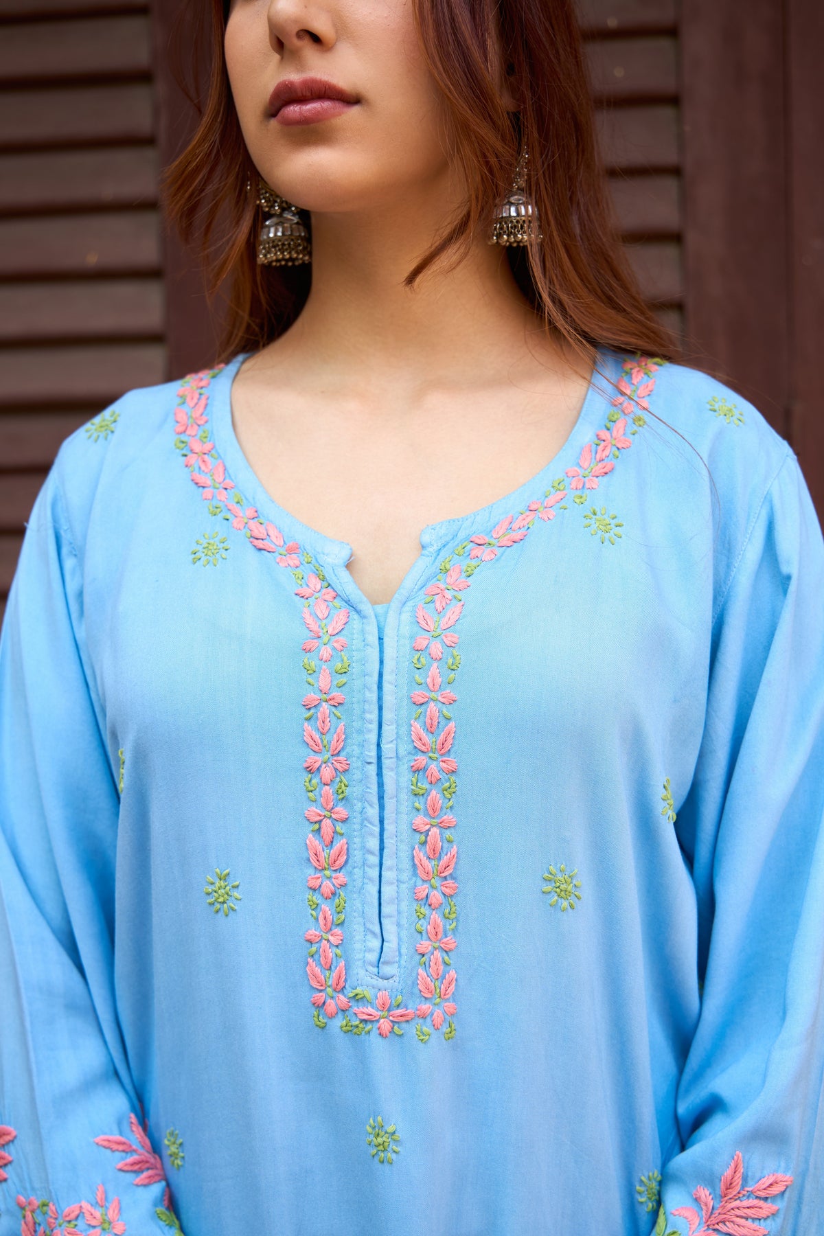 Nazm Rayon Powder Blue Blossom Chikankari Kurta