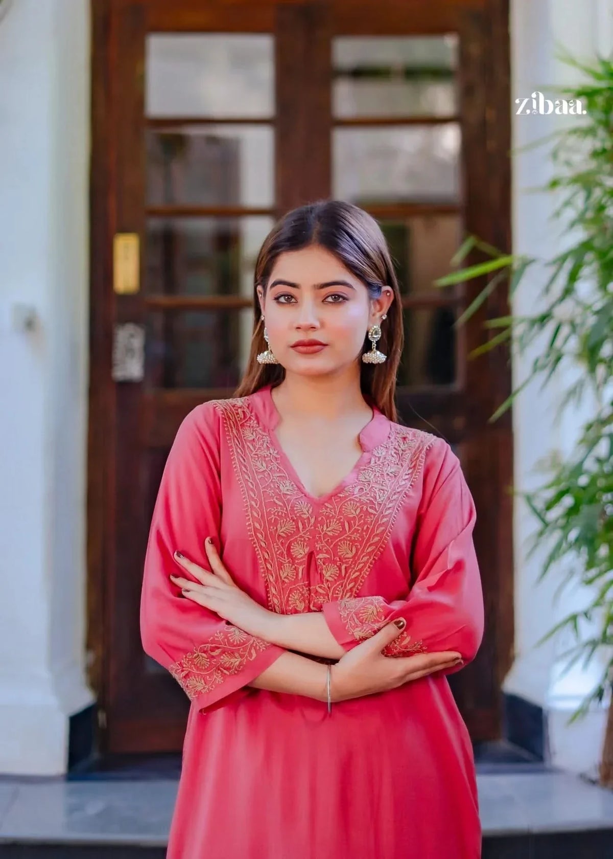 Hoor Coral Modal Chikankari Kurta