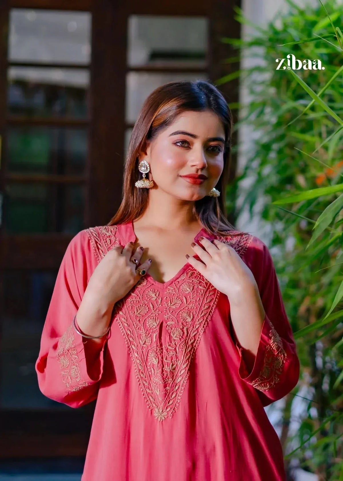 Hoor Coral Modal Chikankari Kurta