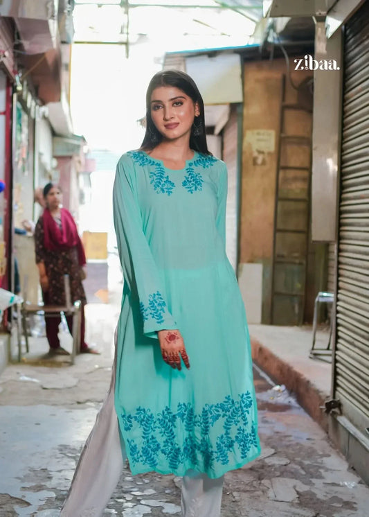 Hoor Cyan Blue Modal Chikankari Kurta
