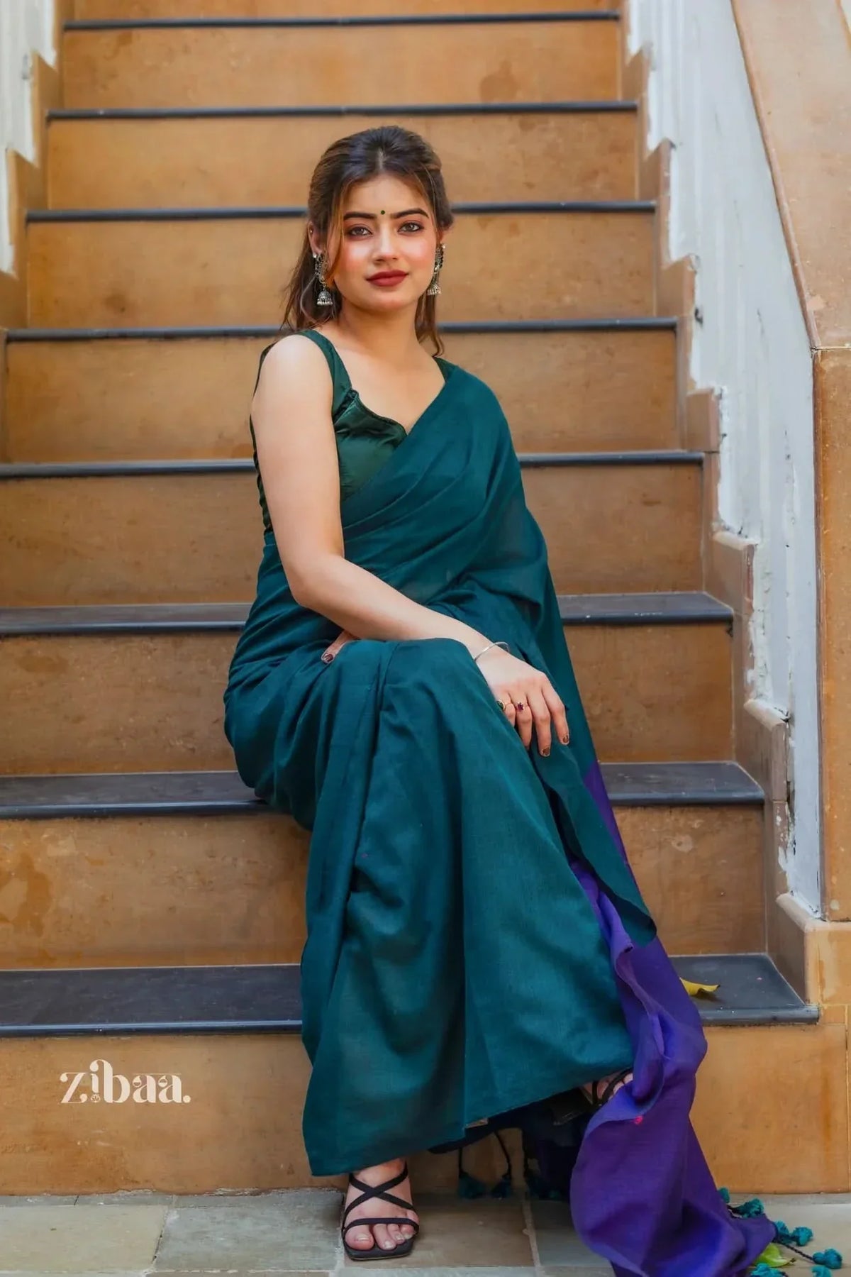 Mira Hand-Dyed Mul Cotton Peacock Green Saree with Tassels