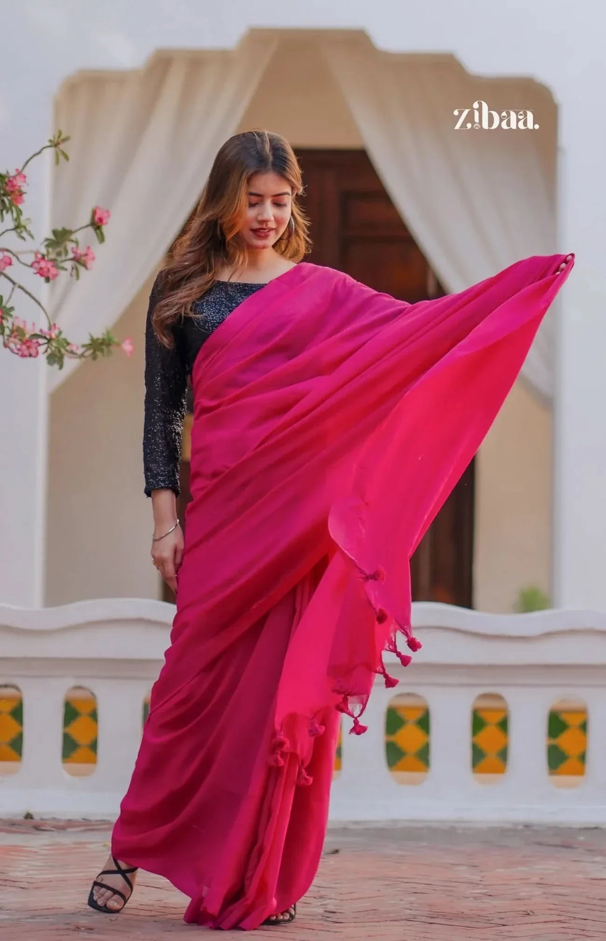 Mira Hand-Dyed Mul Cotton Pink Saree with Tassels
