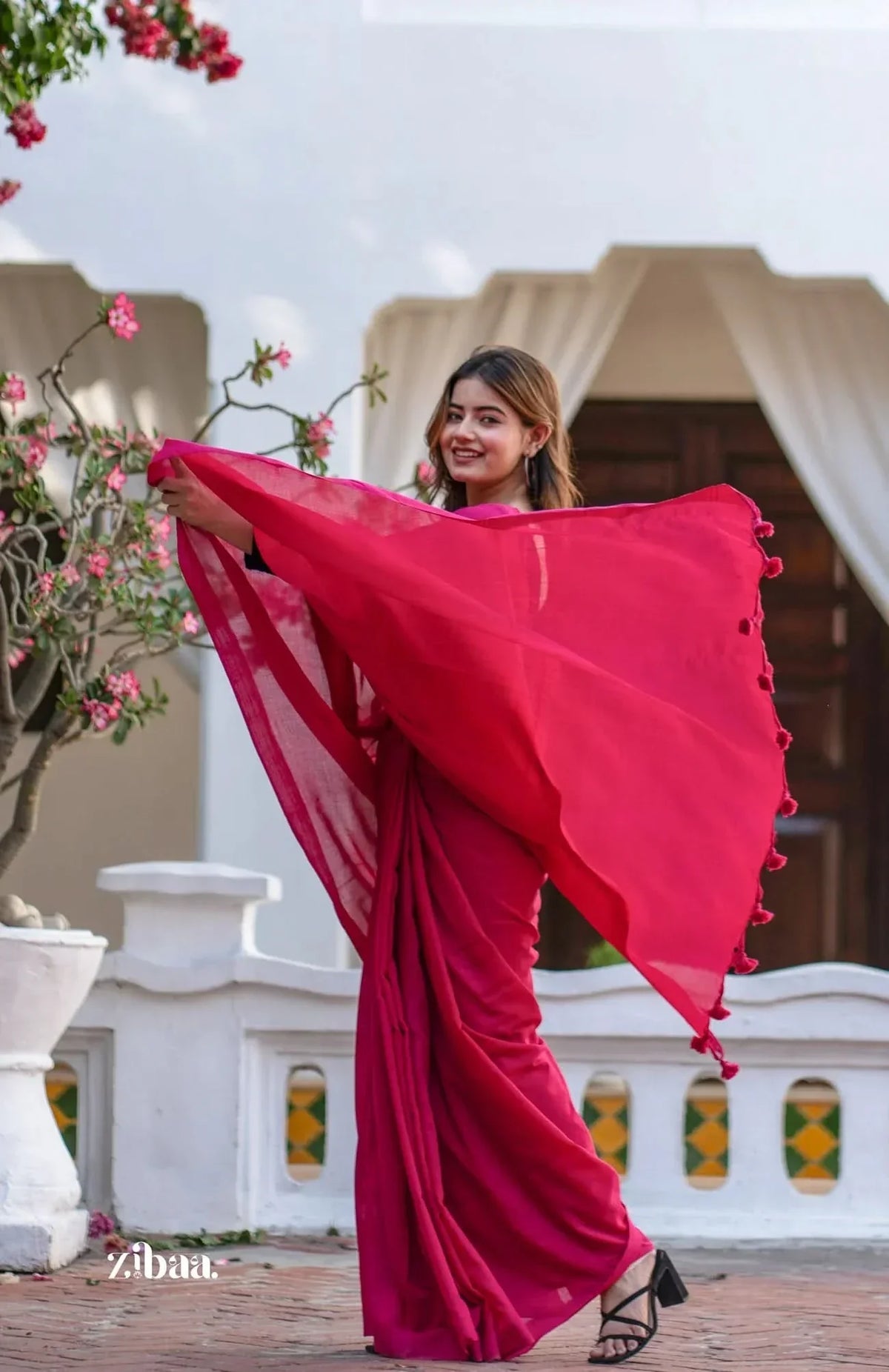Mira Hand-Dyed Mul Cotton Pink Saree with Tassels