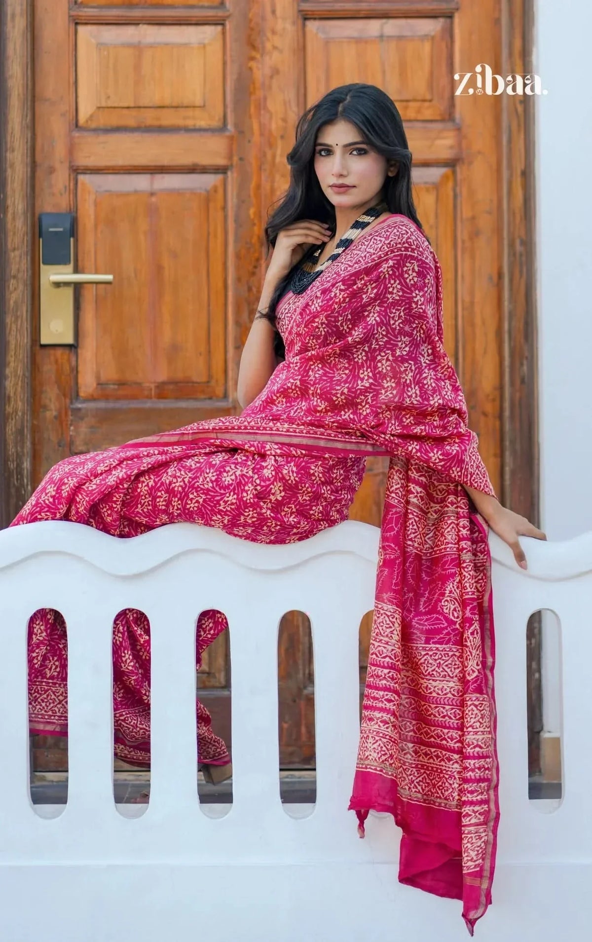 Mira Hand-Blocked Pure Chanderi Silk Pink Saree