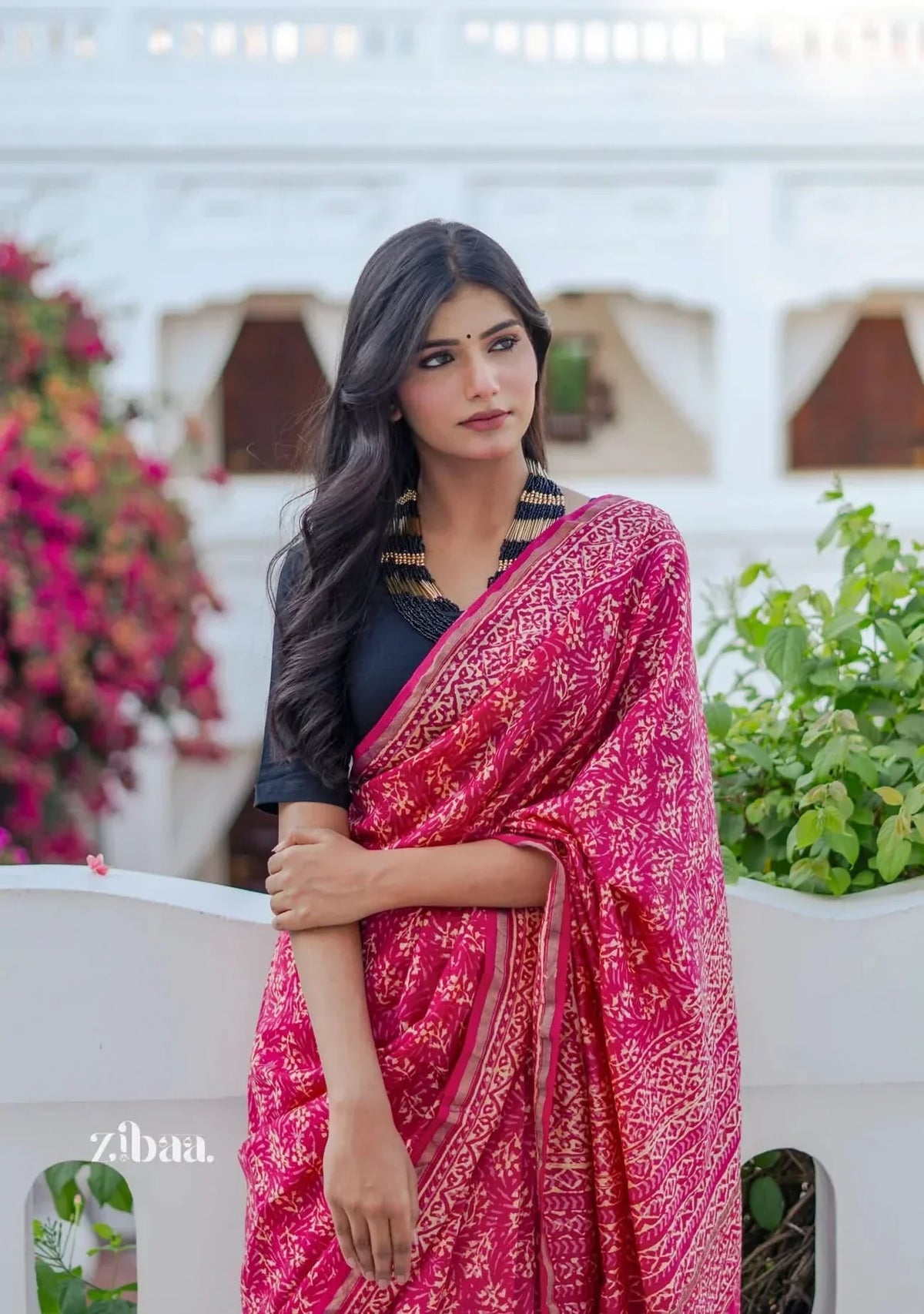 Mira Hand-Blocked Pure Chanderi Silk Pink Saree