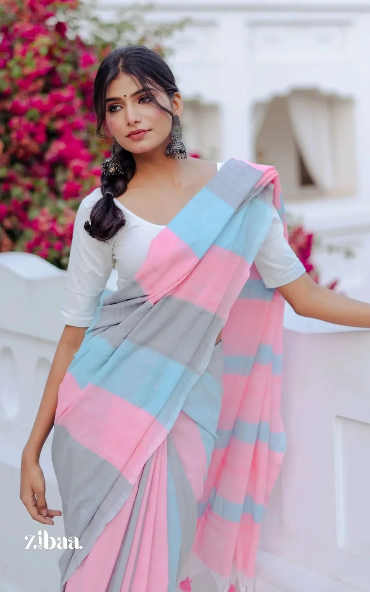 Mira Hand-Dyed Mul Cotton Striped Saree with Tassels