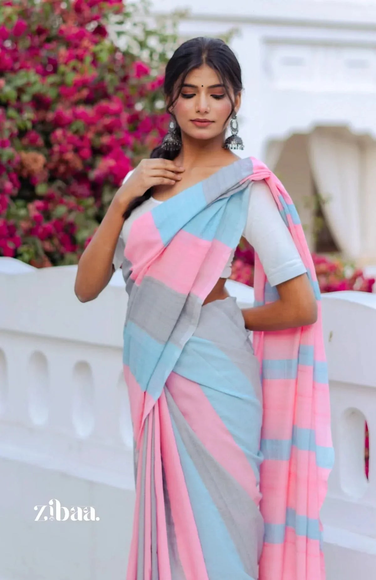 Mira Hand-Dyed Mul Cotton Striped Saree with Tassels