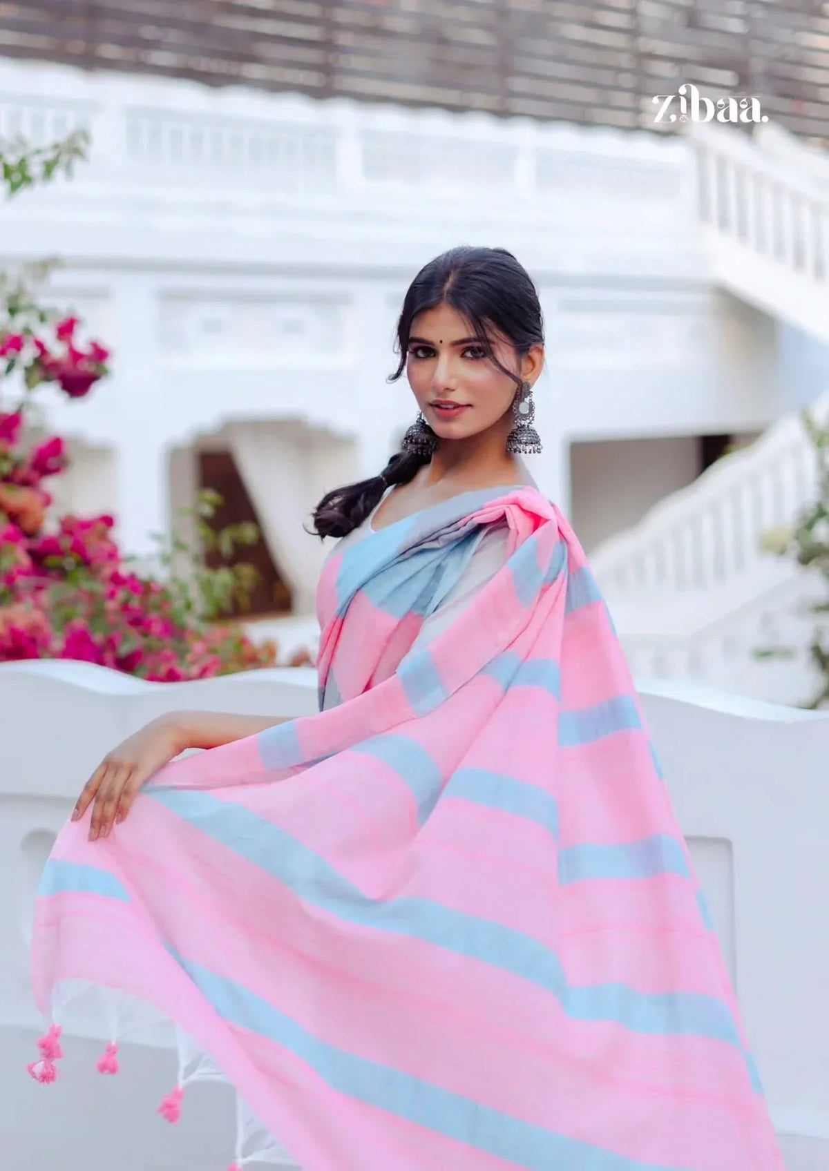 Mira Hand-Dyed Mul Cotton Striped Saree with Tassels