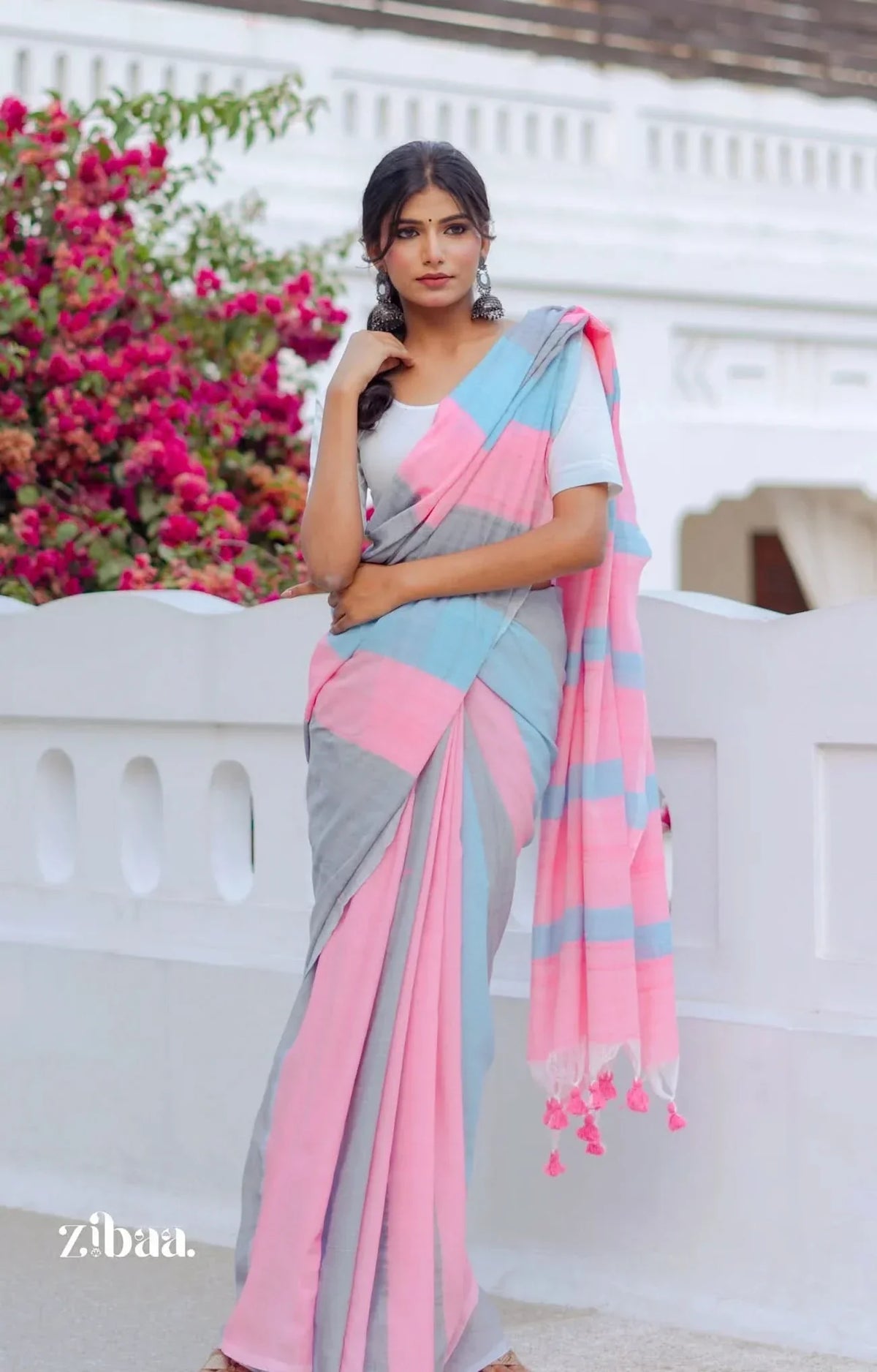Mira Hand-Dyed Mul Cotton Striped Saree with Tassels