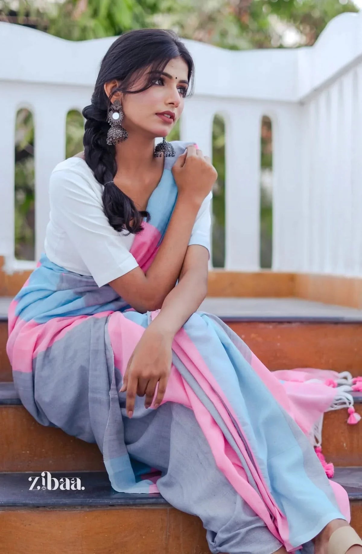 Mira Hand-Dyed Mul Cotton Striped Saree with Tassels
