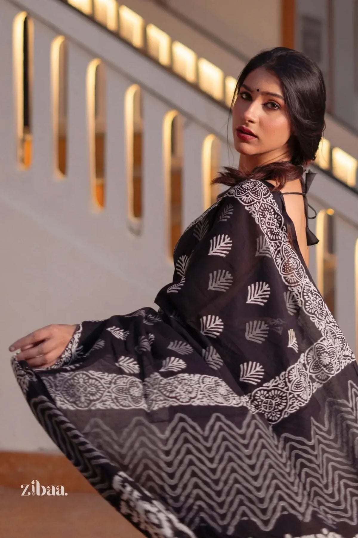 Mira Hand-Blocked Pure Mul Cotton Black Saree