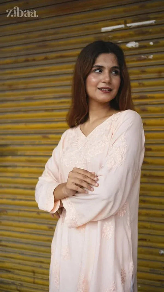 Aiyana Modal Peach Chikankari Kurti