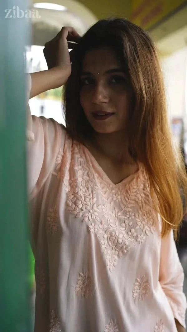 Aiyana Modal Peach Chikankari Kurti