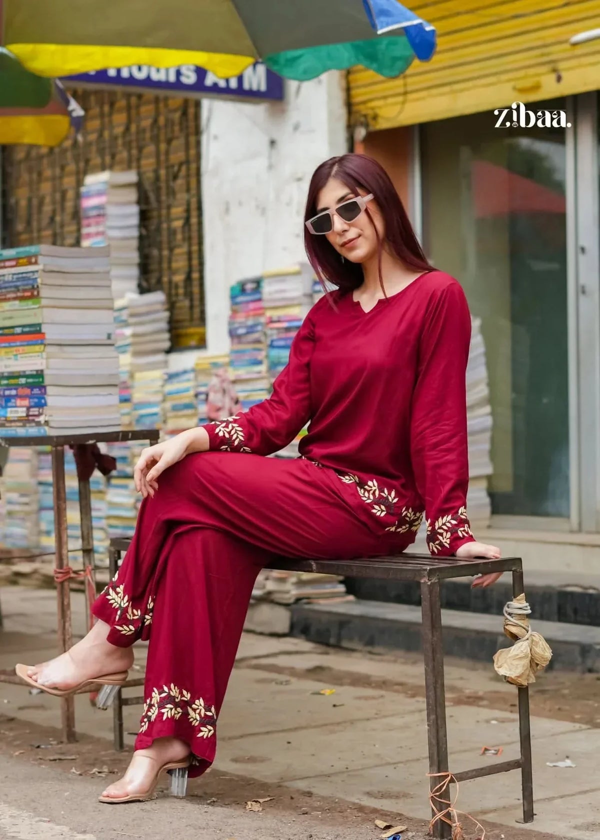Husn Deep Burgundy Luxury Rayon Chikankari Coord Set