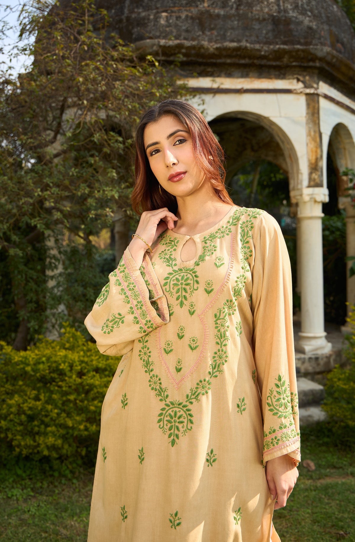 Nazm Rayon Beige & Olive Chikankari Kurta