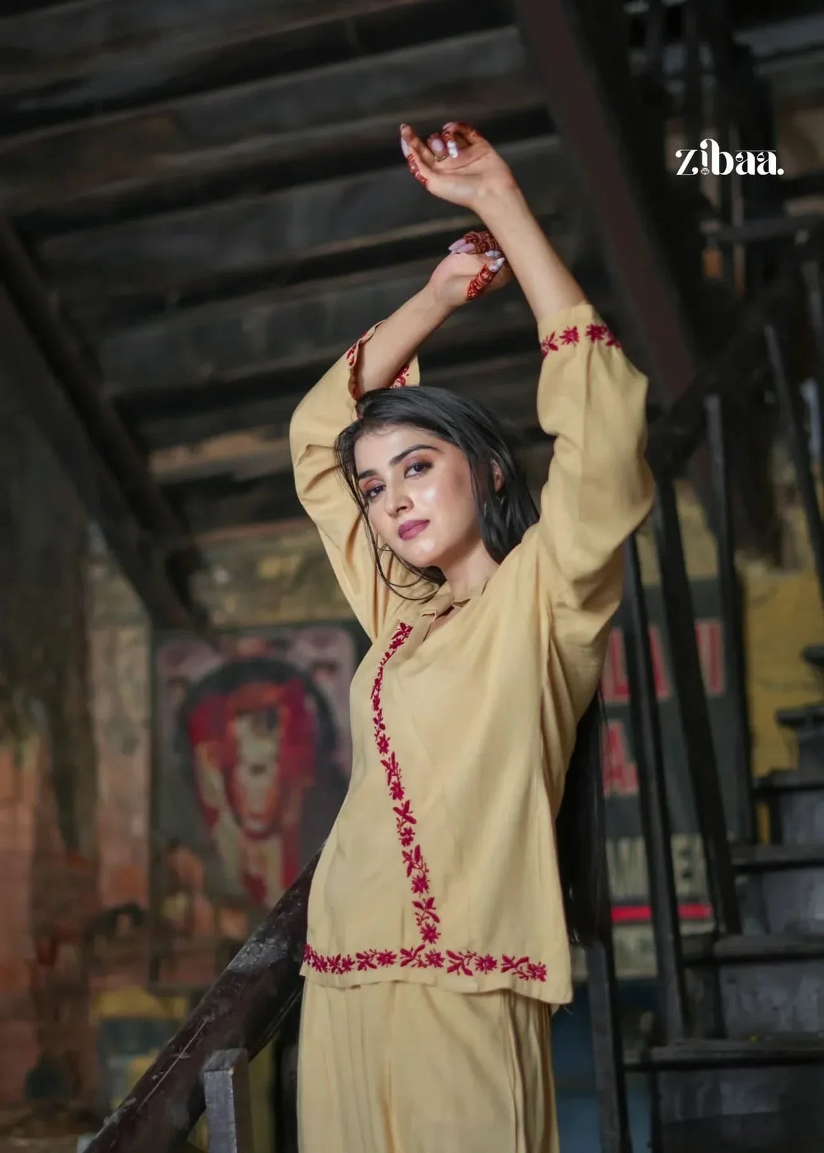 Hoor Beige Rayon Chikankari Co-ord Set