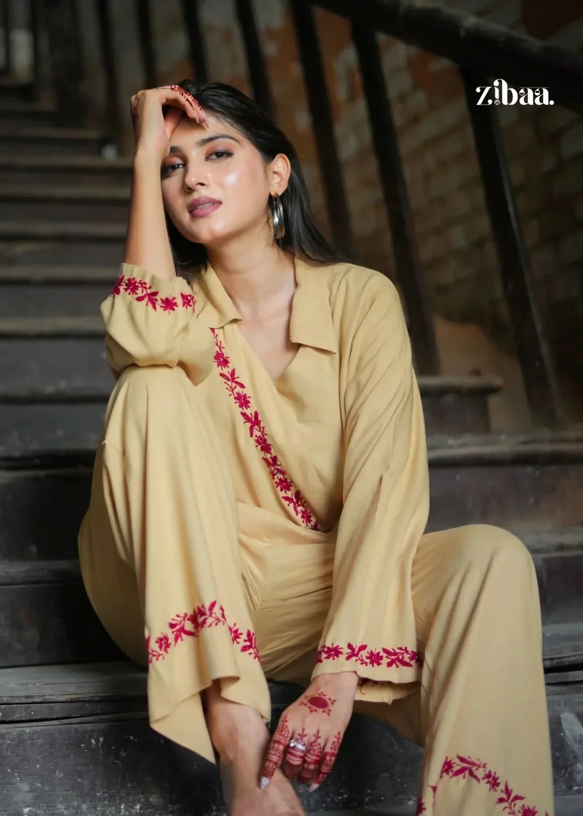 Hoor Beige Rayon Chikankari Co-ord Set