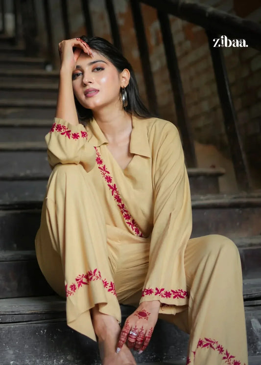 Hoor Beige Rayon Chikankari Co-ord Set