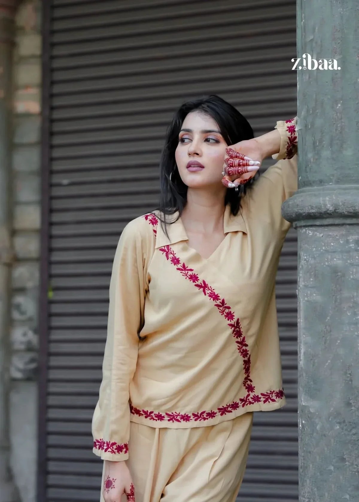 Hoor Beige Rayon Chikankari Co-ord Set