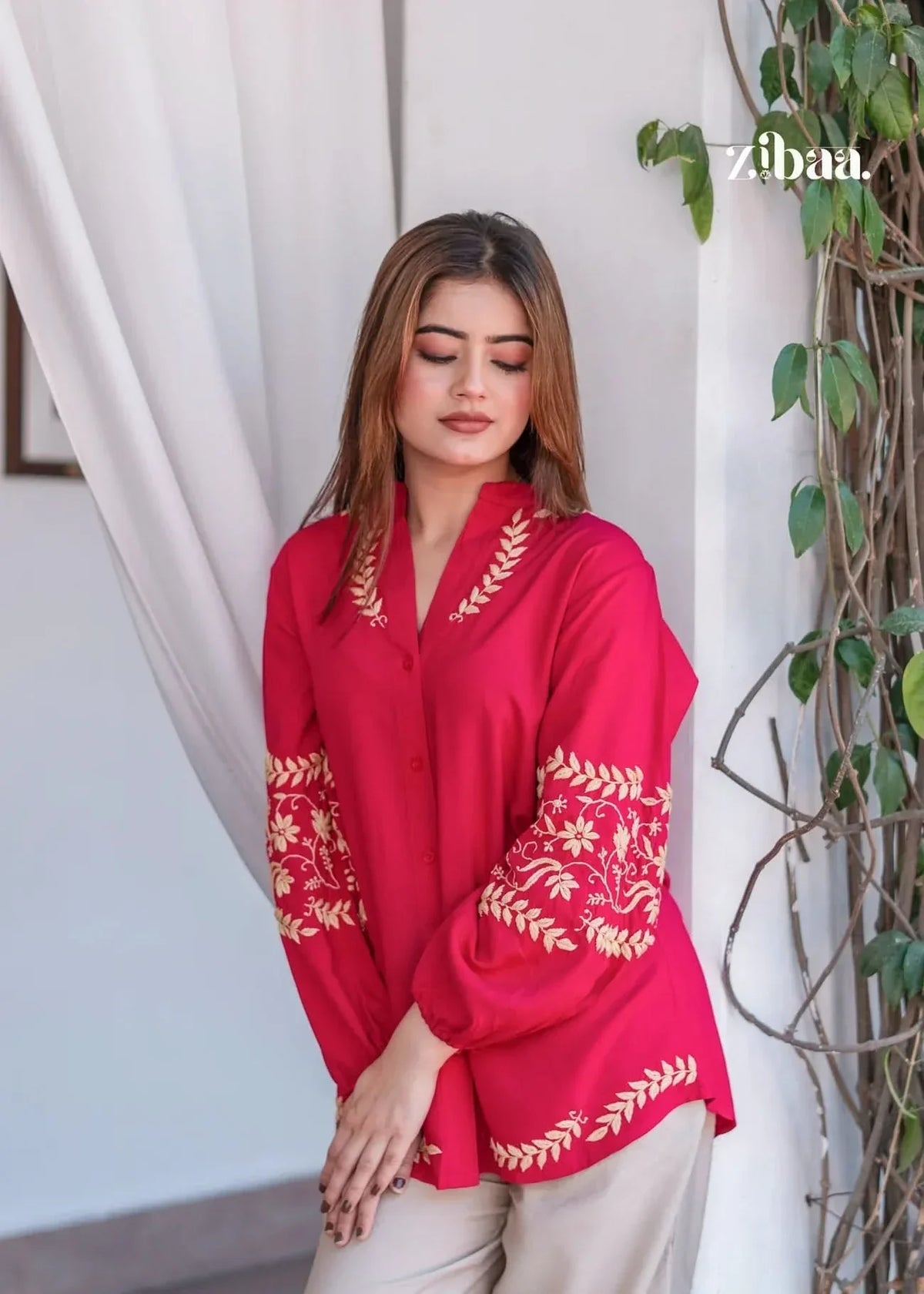 Husn Hot Pink Luxury Rayon Chikankari Top