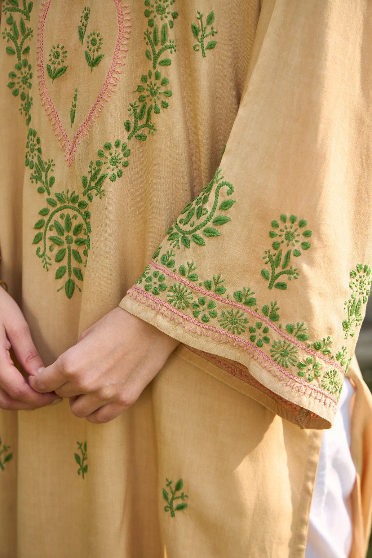 Nazm Rayon Beige & Olive Chikankari Kurta
