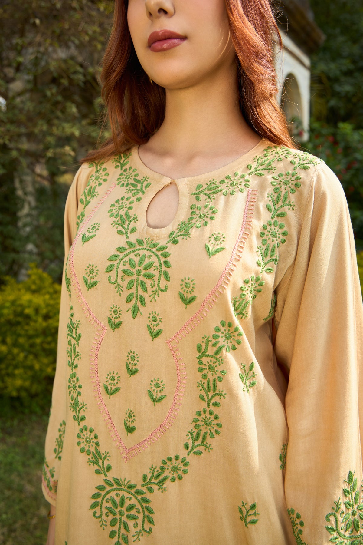Nazm Rayon Beige & Olive Chikankari Kurta