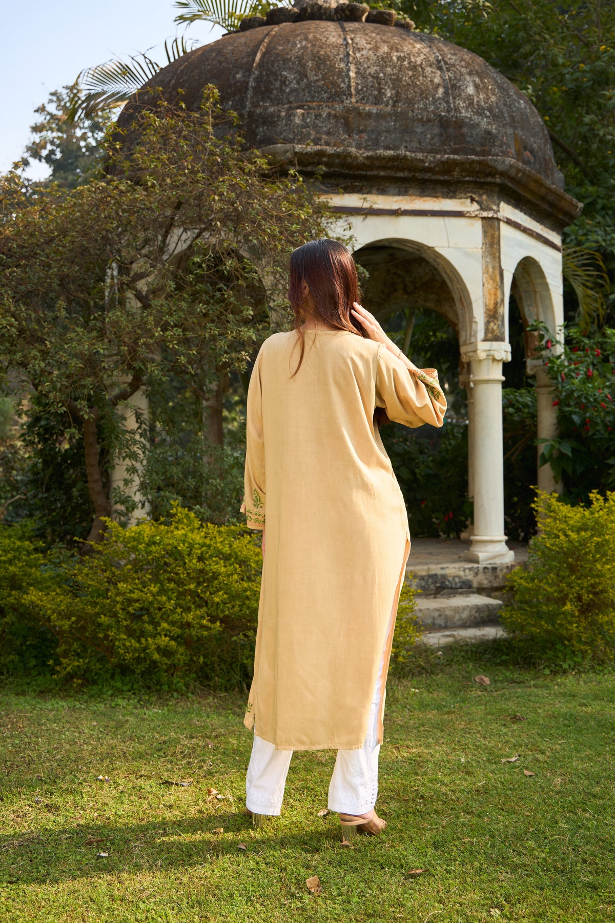 Nazm Rayon Beige & Olive Chikankari Kurta
