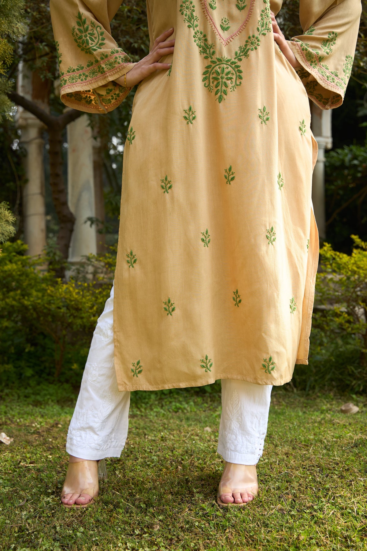 Nazm Rayon Beige & Olive Chikankari Kurta