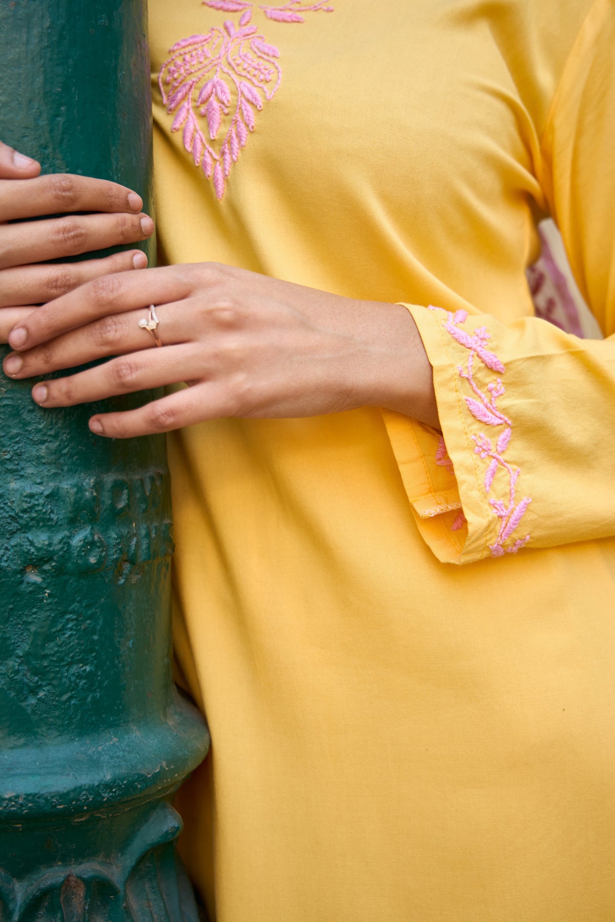 Nazm Rayon Yellow Chikankari Kurta Set with Organza Dupatta