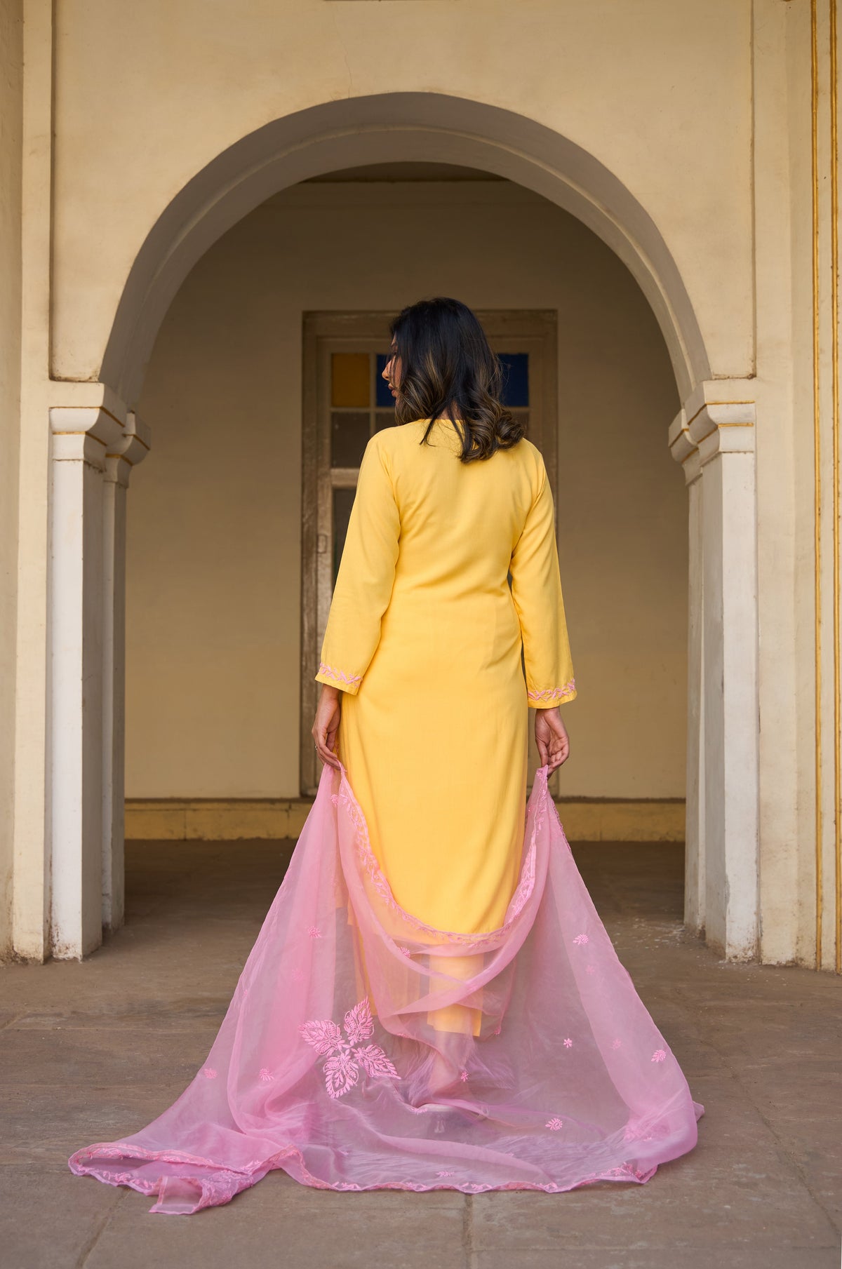 Nazm Rayon Yellow Chikankari Kurta Set with Organza Dupatta
