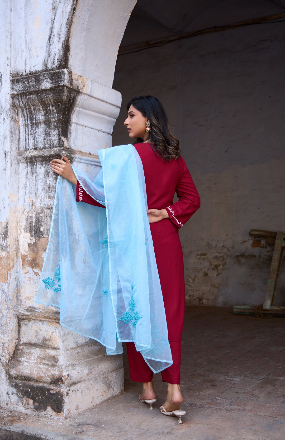 Nazm Rayon Red Chikankari Kurta Set with Organza Dupatta