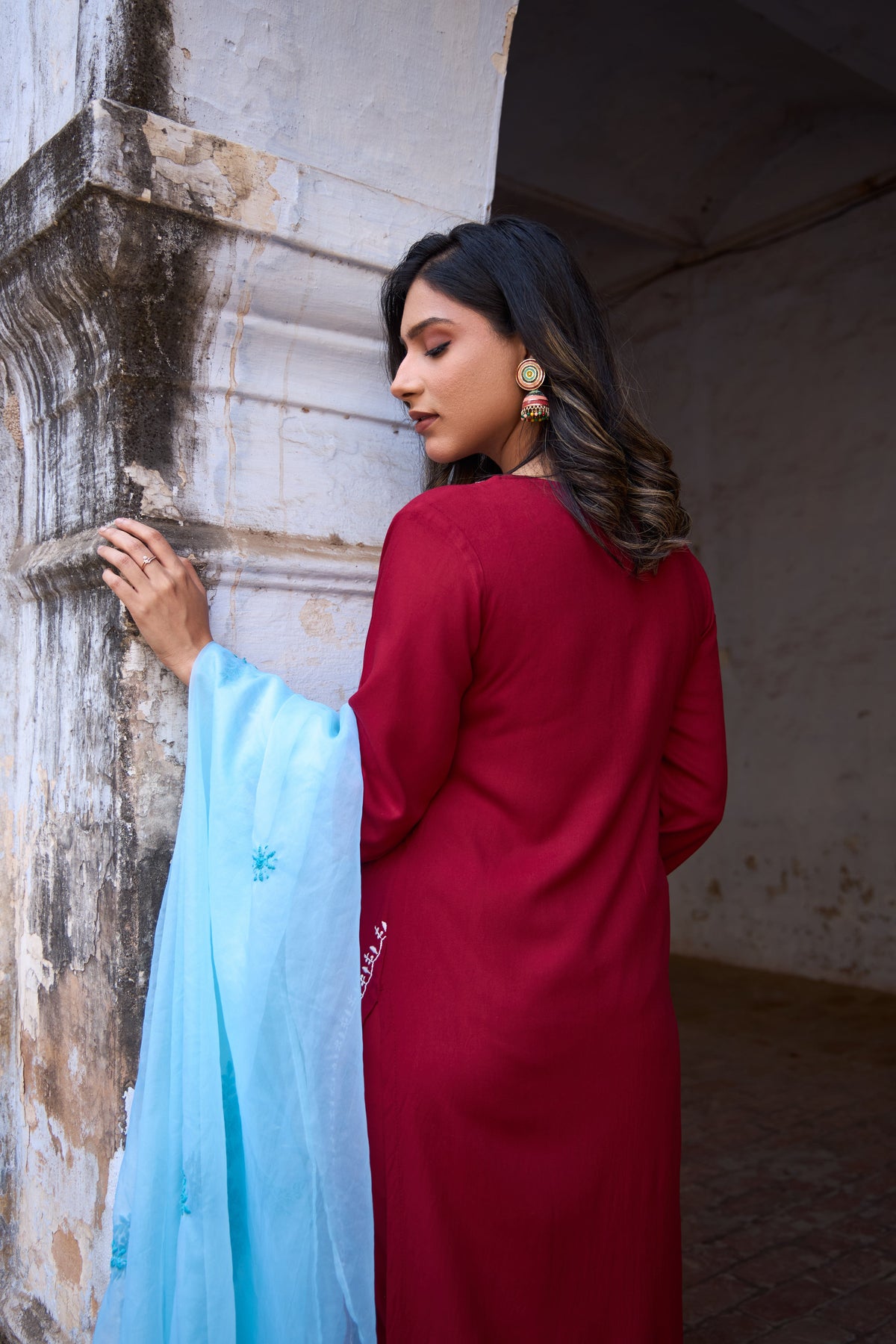 Nazm Rayon Red Chikankari Kurta Set with Organza Dupatta