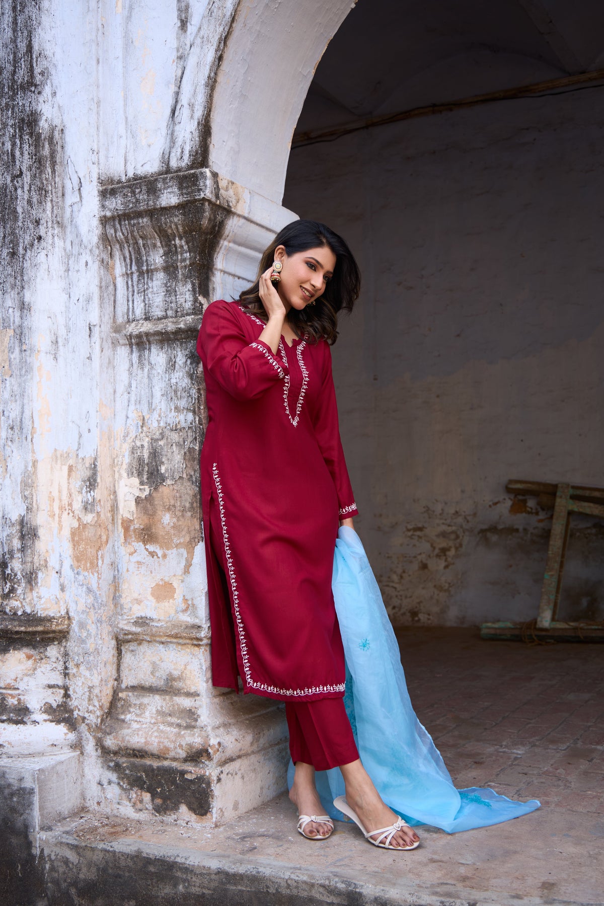 Nazm Rayon Red Chikankari Kurta Set with Organza Dupatta