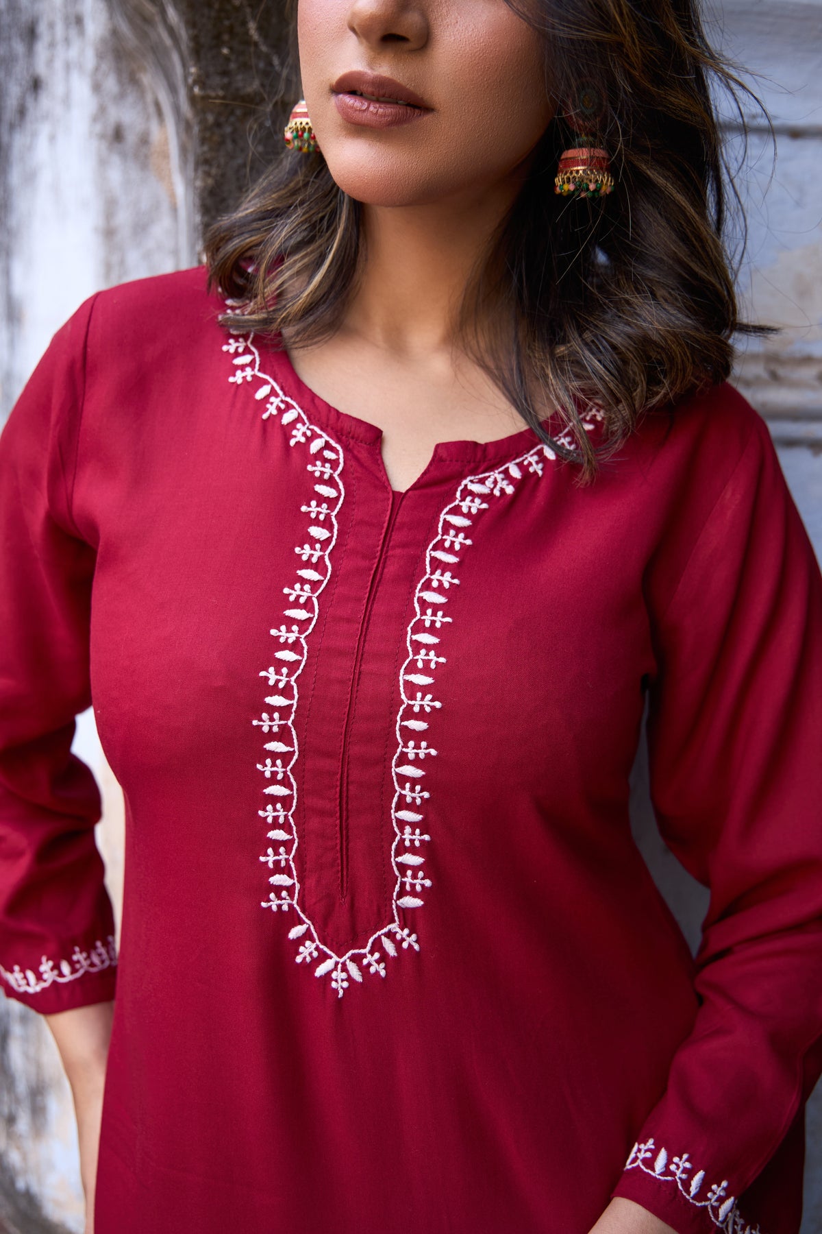 Nazm Rayon Red Chikankari Kurta Set with Organza Dupatta