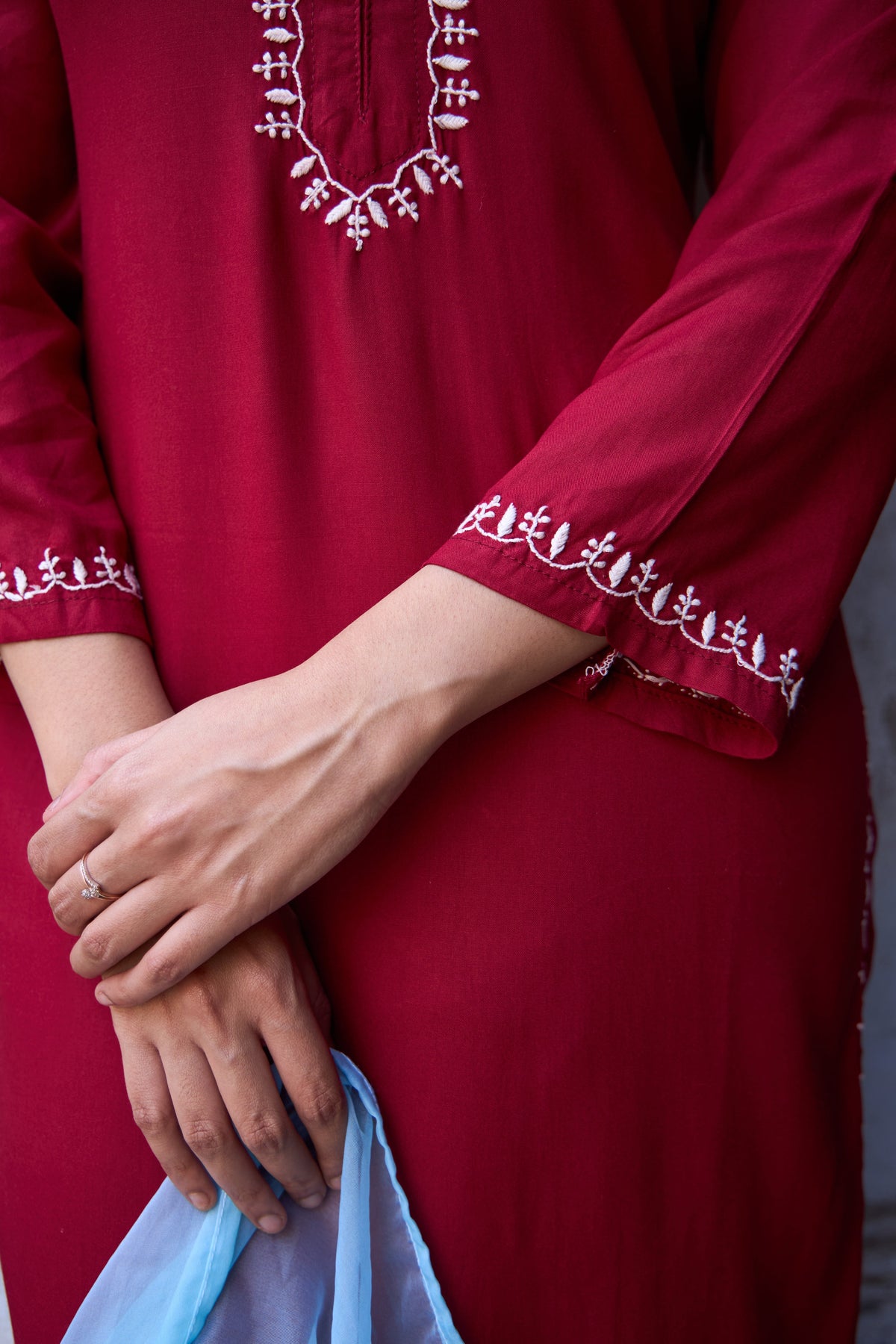 Nazm Rayon Red Chikankari Kurta Set with Organza Dupatta