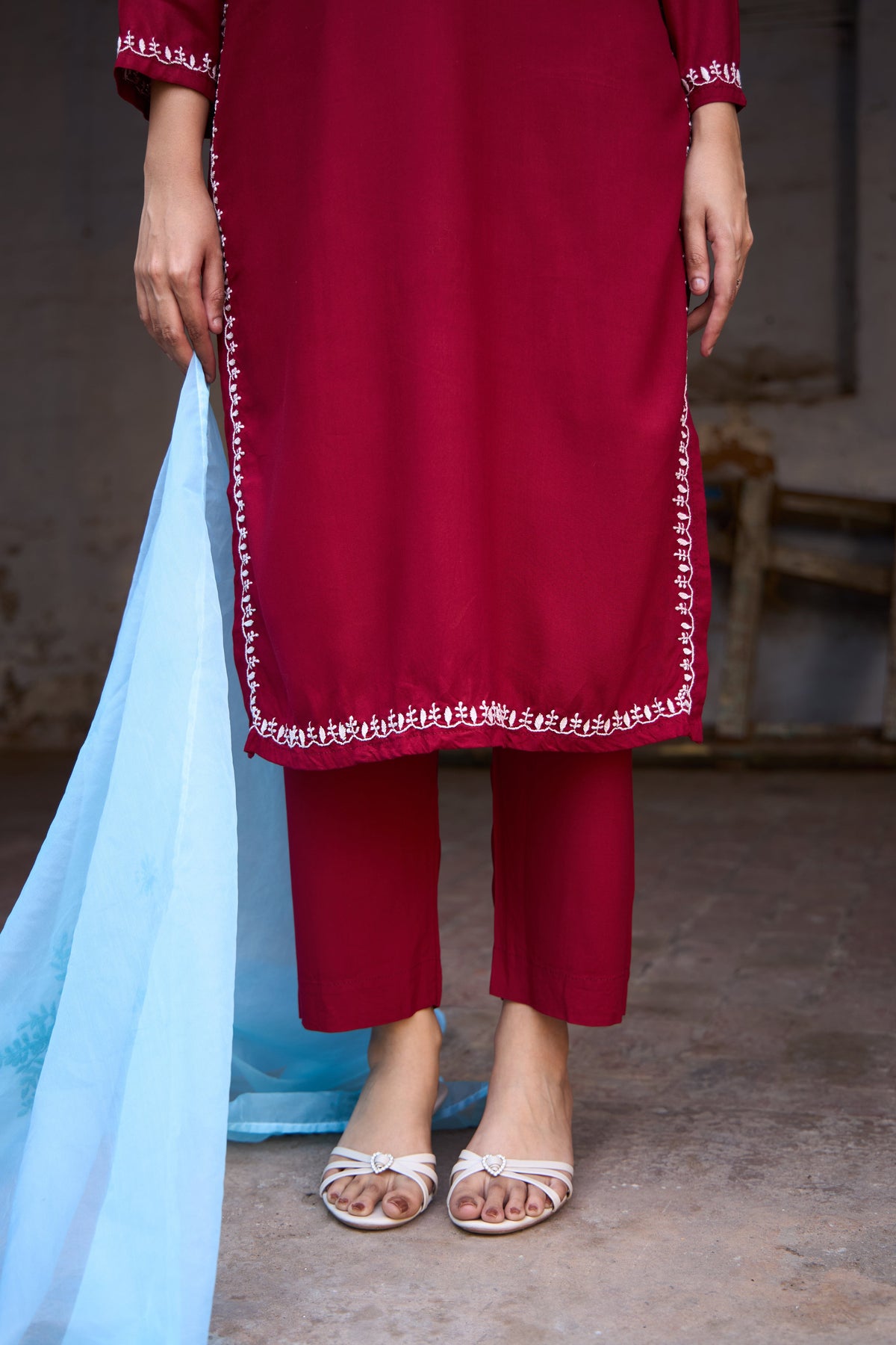 Nazm Rayon Red Chikankari Kurta Set with Organza Dupatta