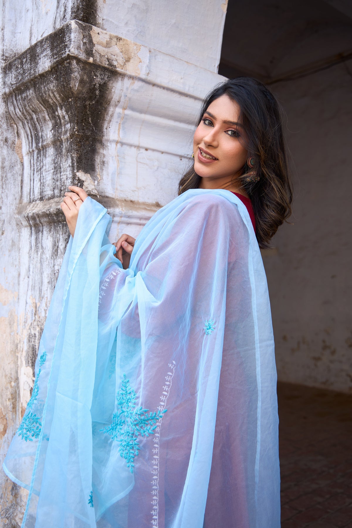 Nazm Rayon Red Chikankari Kurta Set with Organza Dupatta