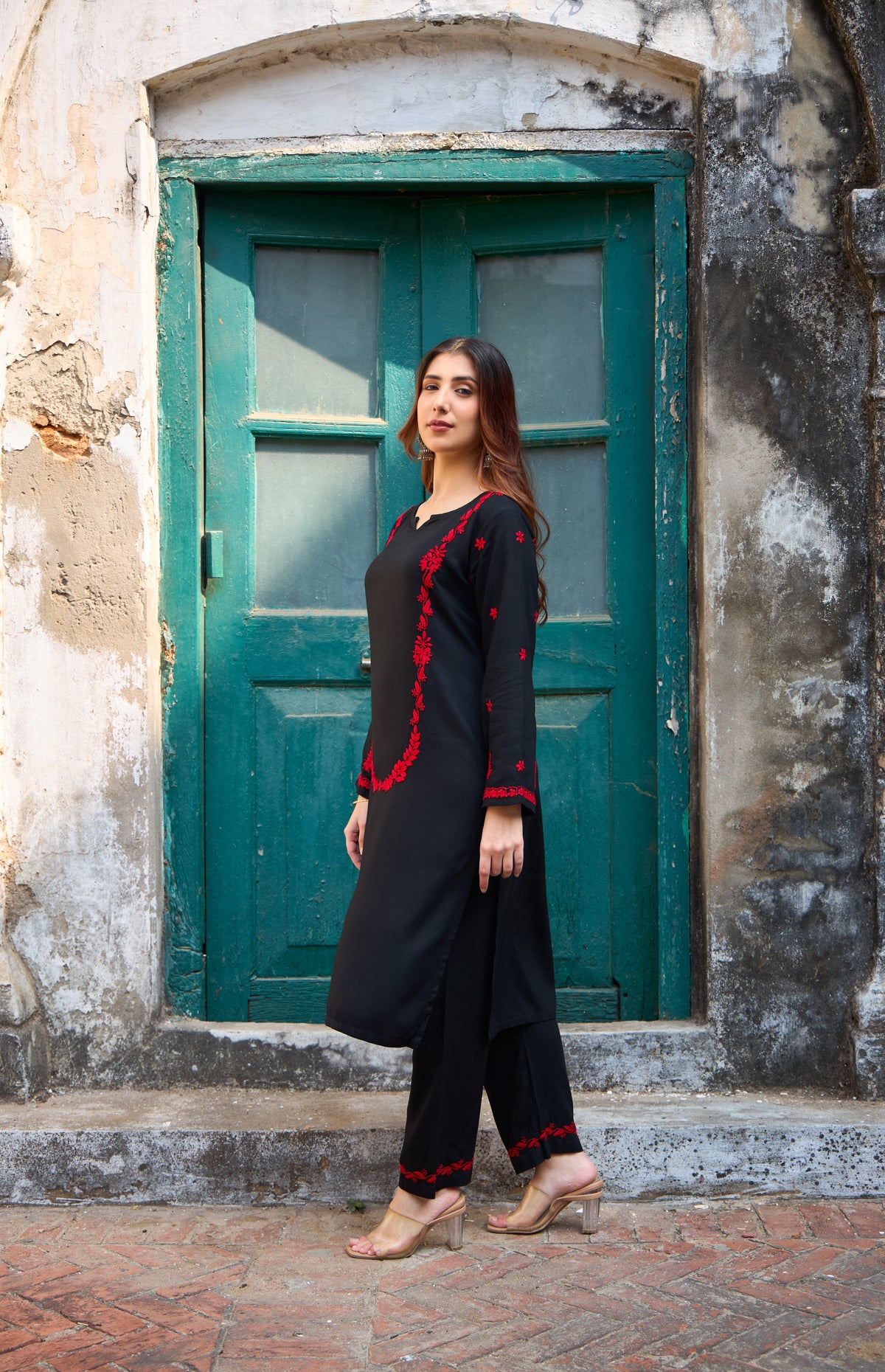 Nazm Rayon Red & Black Chikankari Coord Set