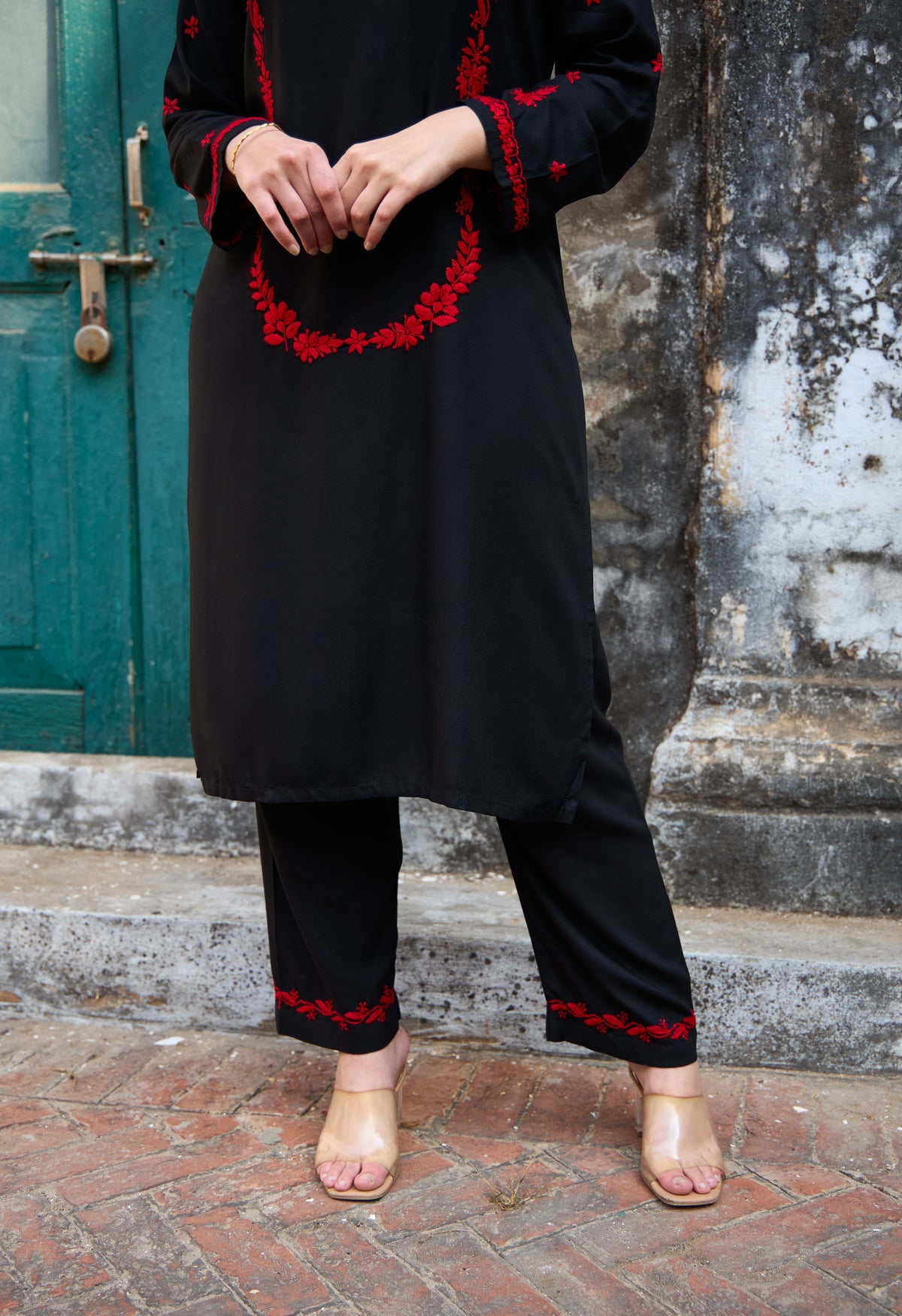 Nazm Rayon Red & Black Chikankari Coord Set