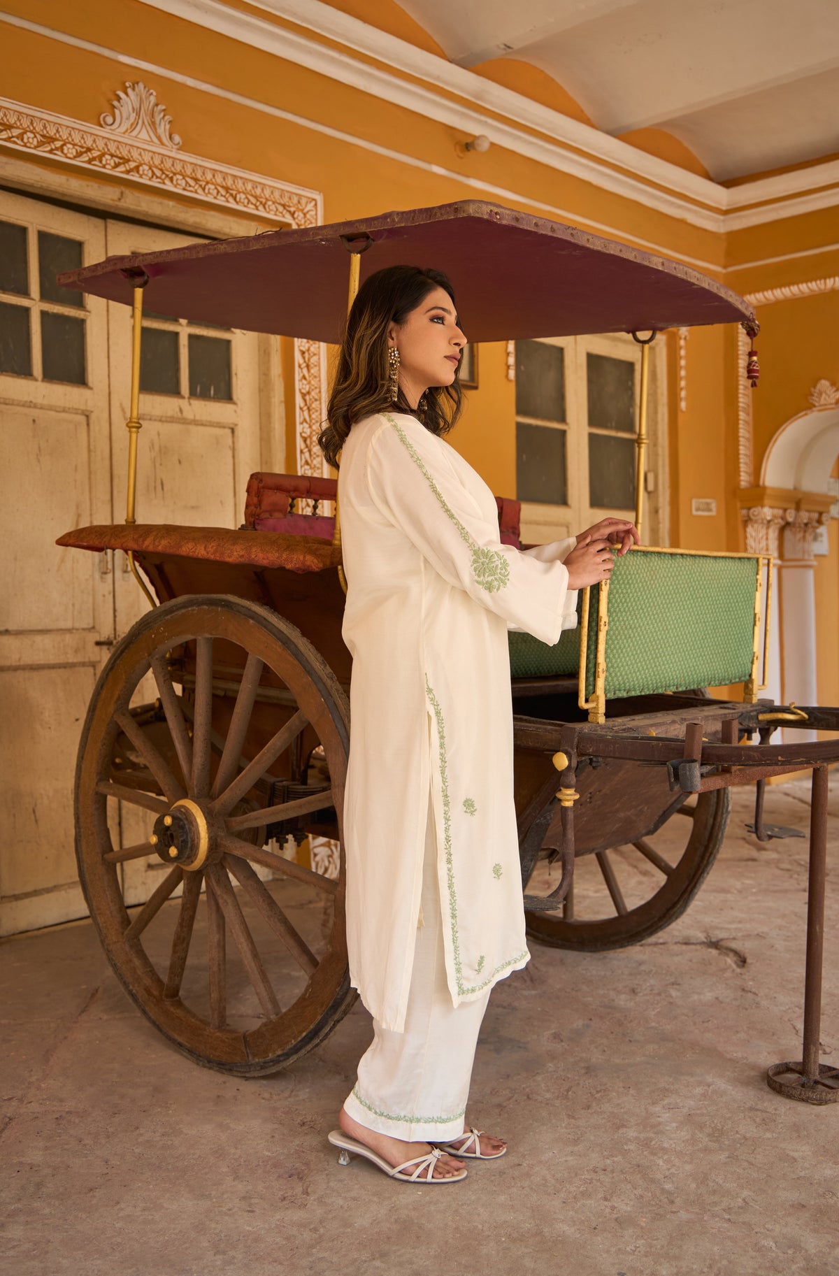 Nazm Muslin Ivory & Sage Green Chikankari Coord Set