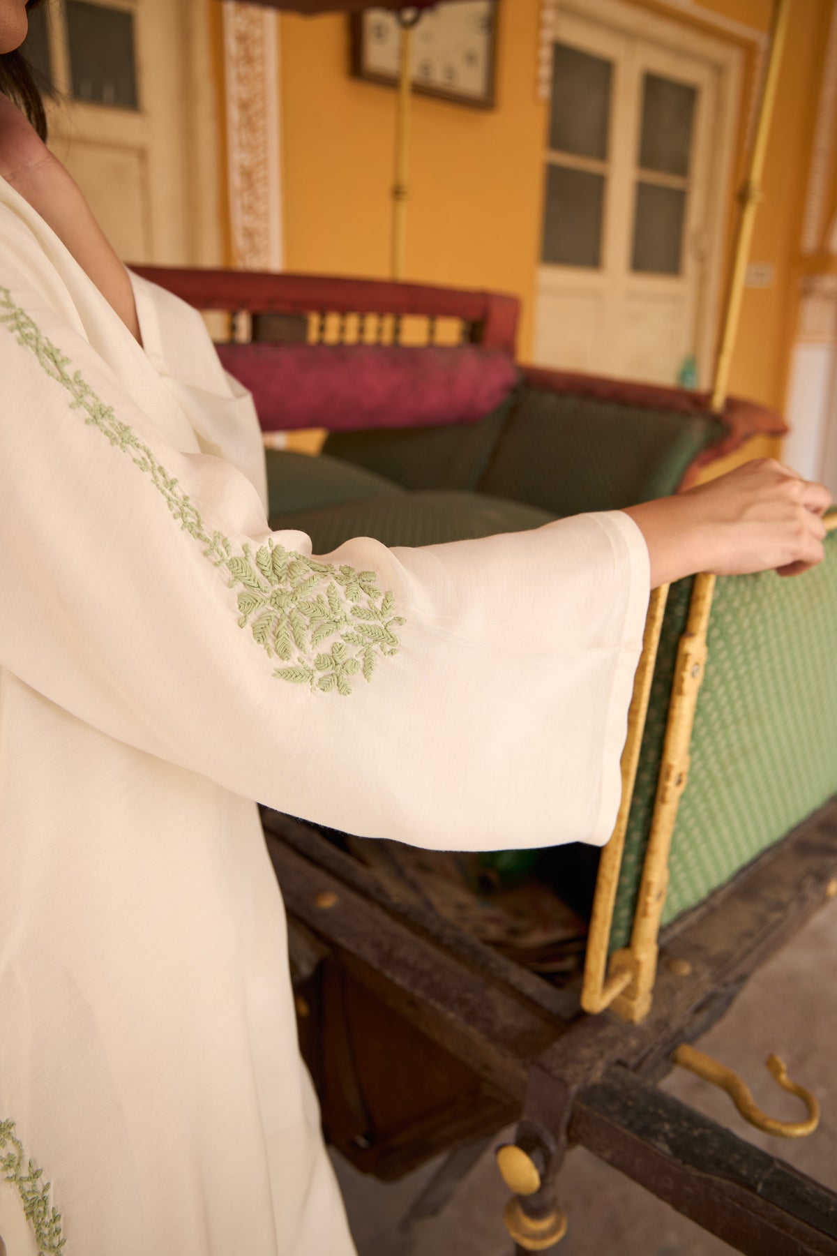 Nazm Muslin Ivory & Sage Green Chikankari Coord Set
