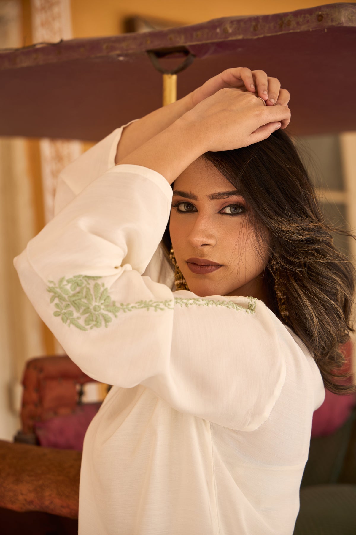 Nazm Muslin Ivory & Sage Green Chikankari Coord Set