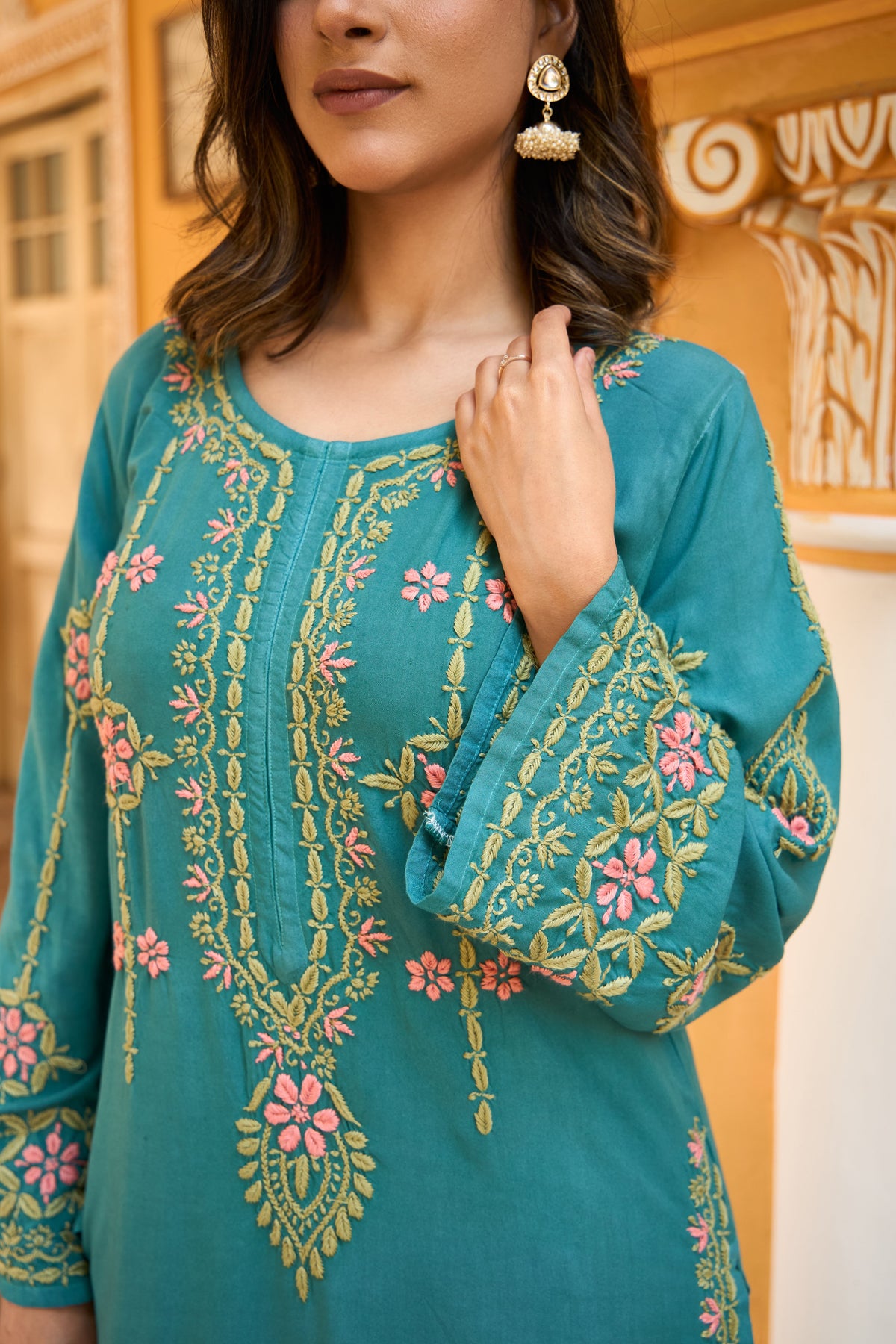 Nazm Rayon Teal Blossom Chikankari Coord Set